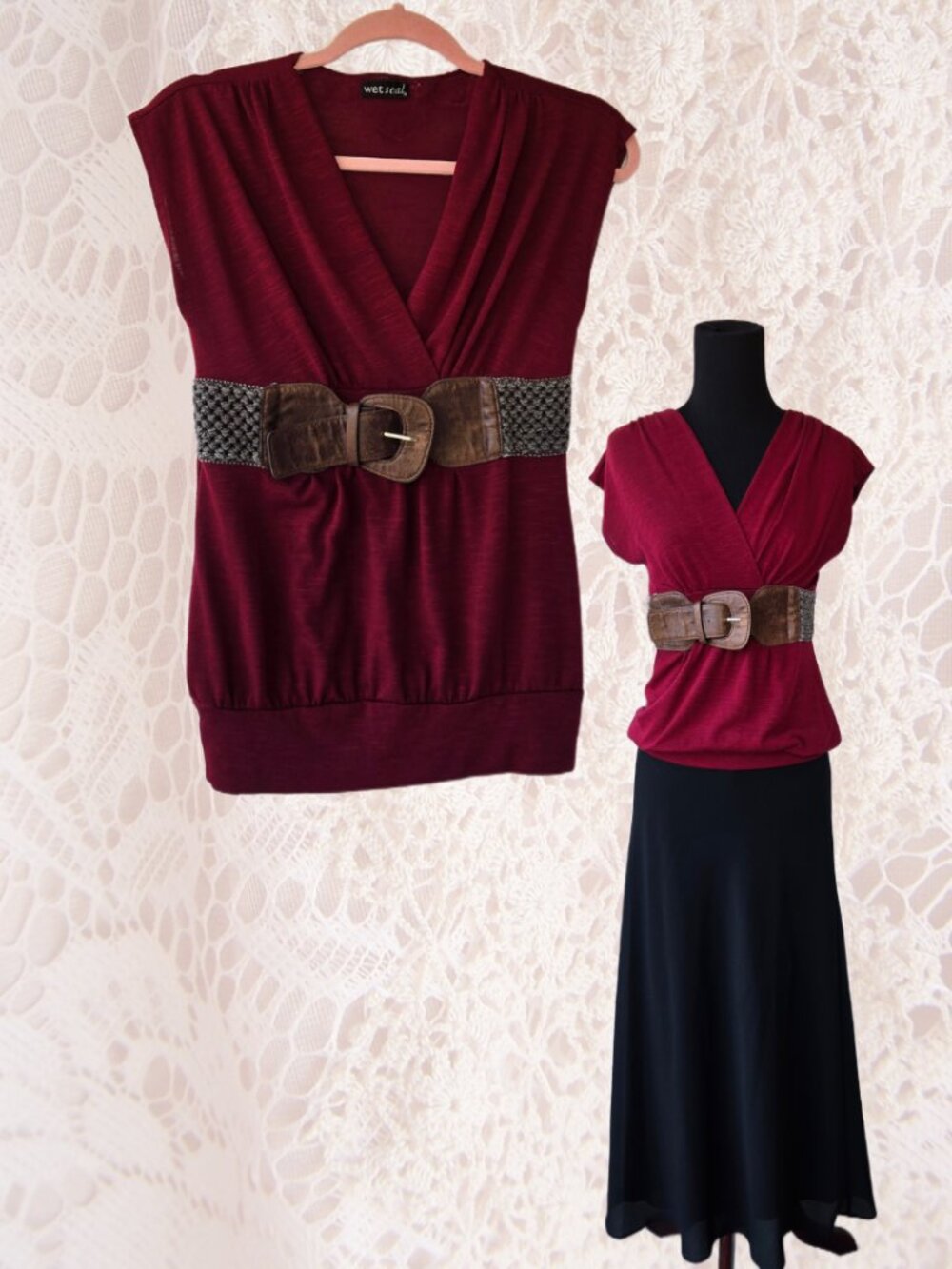 Wet Seal Y2k Tie Up Belt Boho Blouse Burgundy